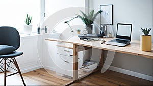 Table with laptop in home office interior