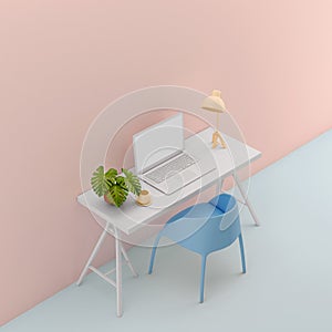 Table with laptop mock up pastel color.Blue chair,yellow lamp,white table on pink background.Isomatric