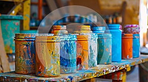 A table with many colorful paint cans on it