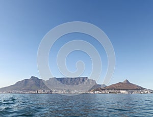 Table Mountain, Cape Town, South Africa. Photographed on a summer`s day from Robben Island.