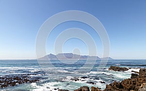 Table Mountain, Cape Town, South Africa. Photographed on a summer`s day from Robben Island.