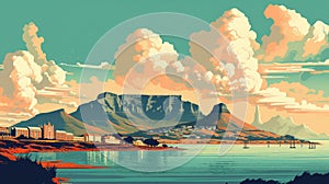 Table Mountain Cape Town on a sunny day - illustration retro style - made with Generative AI tools