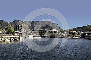 Table Mountain and Cape Town waterfront with blue sky