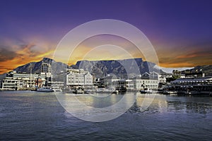 Table mountain waterfront boats and shops in Cape Town South Africa