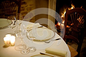 Table near a fireplace