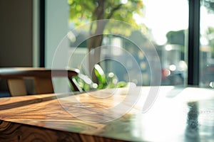 table with neat wood grain, defocused window seat area