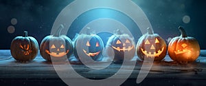 horror night copyspace halloween background fear blue table mystery evil pumpkin. Generative AI.