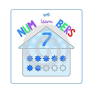 table of the number seven for junior school and preschool, learning numbers - a card in the form of a house for learning the