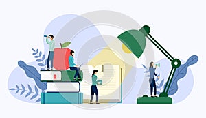 Table office lamp and stack of books with human concepts