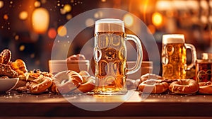 A table at Oktoberfest filled with freshly baked pretzels, glass boot filled with beer. Generative Ai