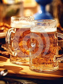 A table at Oktoberfest filled with freshly baked pretzels, glass boot filled with beer. Generative Ai