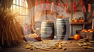 A table at Oktoberfest filled with freshly baked pretzels, glass boot filled with beer. Generative Ai