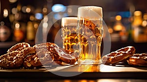 A table at Oktoberfest filled with freshly baked pretzels, glass boot filled with beer. Generative Ai