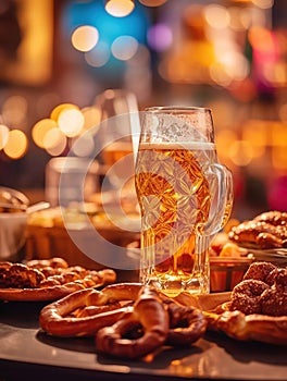 A table at Oktoberfest filled with freshly baked pretzels, glass boot filled with beer. Generative Ai