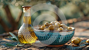 Table olives in light blue clay bowl with virgin olive oil in bottle and olive grove background