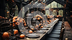 A table with orange and black decorations