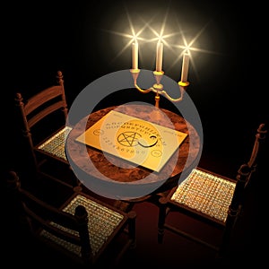 Table with Ouija board and candles photo