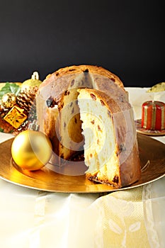 Table with panettone and christmas decorations