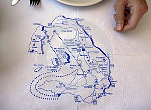Table paper of Santorini graphic map in Fira restaurant Greece