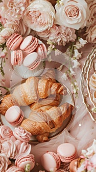 Table With Pastries and Pink Flowers