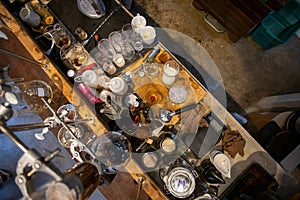 On the table of people mixing drinks at a high angle Inside the coffee shop