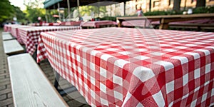 Table perspective with red checked picnic tablecloth photo