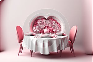 Table and pink chairs with hearts on pink background, created using generative ai technology