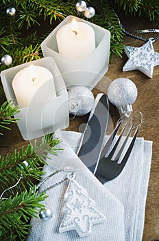 Table Place Setting for Christmas Eve. Winter Holidays. Christmas background.