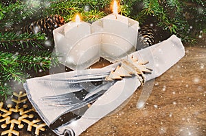 Table Place Setting for Christmas Eve. Winter Holidays. Christmas background.