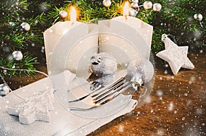 Table Place Setting for Christmas Eve. Winter Holidays. Christmas background.