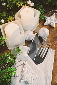 Table Place Setting for Christmas Eve. Winter Holidays. Christmas background.