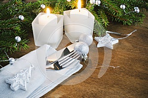 Table Place Setting for Christmas Eve. Winter Holidays. Christmas background.