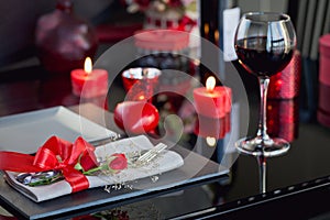 Table place setting with holidays decoration.