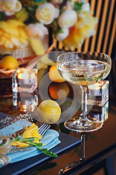 Table place setting with holidays decoration.