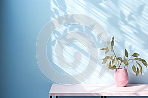 Table with plant in vase against blue wall background. Generative AI