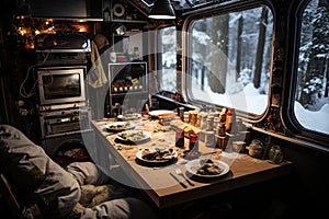 A table with plates of food in a camper