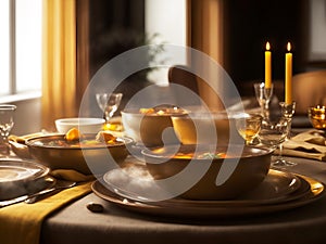 Table with plates with food, glasses and candles