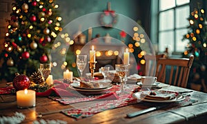 A table with plates and wine glasses is set for a meal, with candles lit on the table.