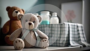 table with a plush toy bear in the baby room.