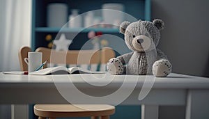 table with a plush toy bear in the baby room.