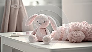 table with a plush toy hare in the baby room.