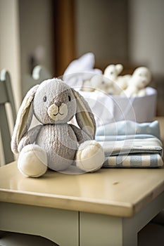 table with a plush toy hare in the baby room.
