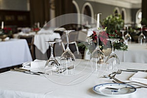 Table prepared with tablecloth in a restaurant