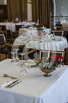 Table prepared with tablecloth in a restaurant