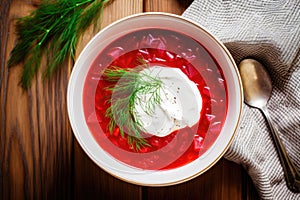 The table presents a bowl of customary Ukrainian borscht, emphasizing Ukraine\'s rich gastronomy. Generative AI photo