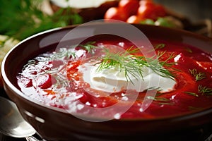 The table presents a bowl of customary Ukrainian borscht, signifying Ukraine\'s rich culinary traditions. Generative AI