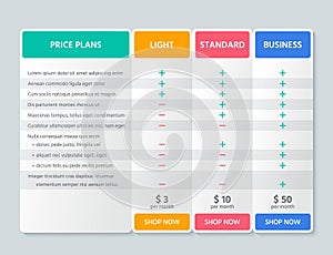 Table price comparison. Vector illustration. Chart plan color template