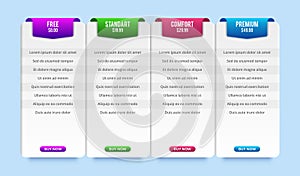 Table price plans. Comparison data template