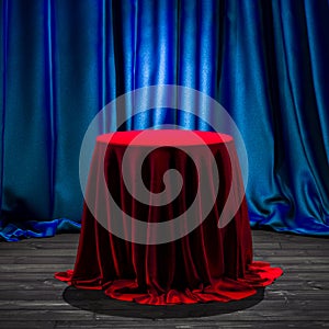 Table With Red Cloth Above It And Blue Curtains On Background. Copy Space. Empty Space. 3d Rendering