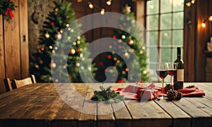 A table with a red cloth on it has two Christmas trees in the background.